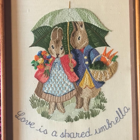 Source Unknown Other - Crewel Embroidery Needlework MCM Vibes Love Bunnies with Umbrella Quality Art